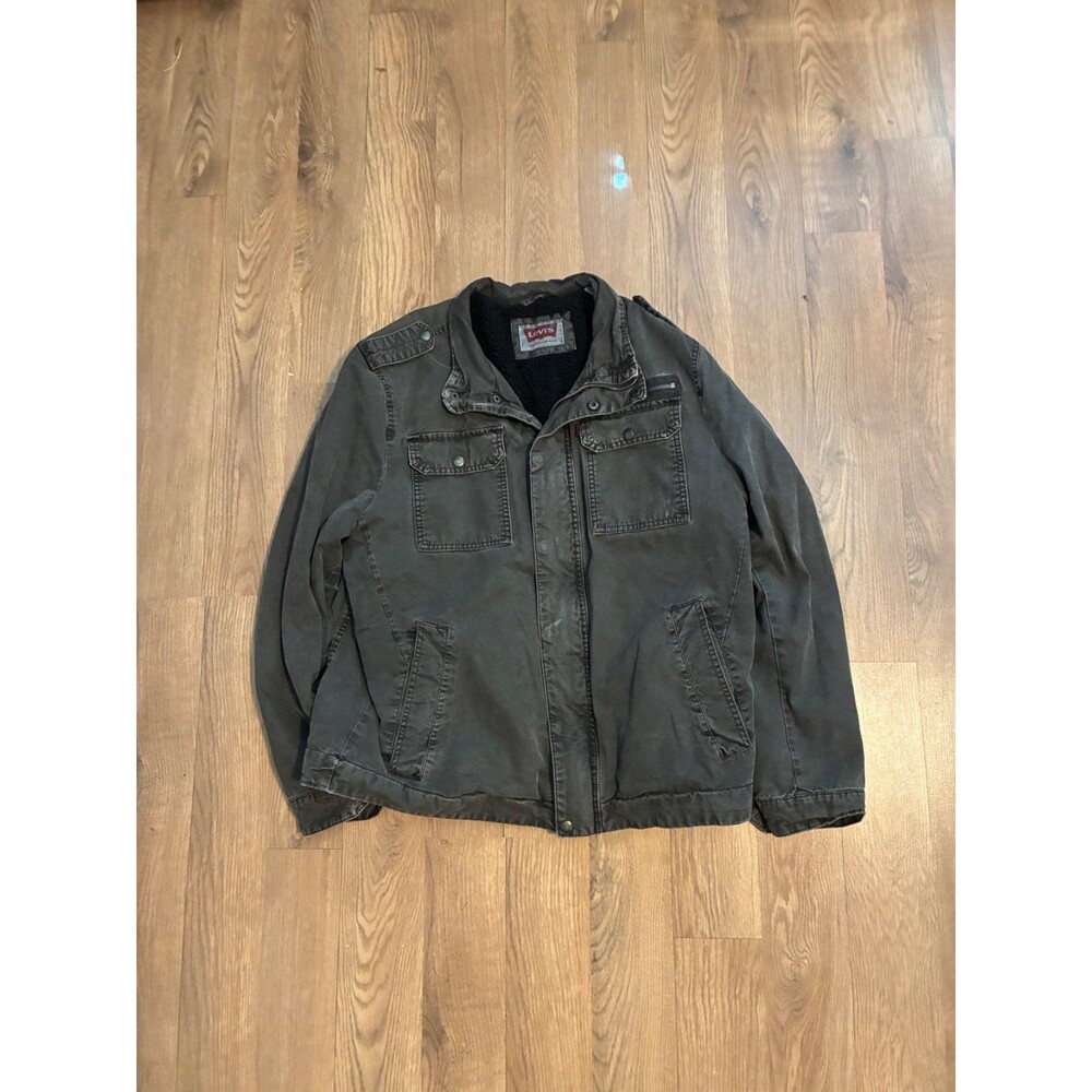 Levis Sherpa Lined Military Field Jacket Mens Washed Black Canvas Workwear Coat